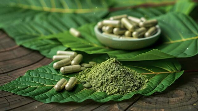A still life arrangement featuring Kratom powder, fresh green leaves, and capsules. Alternative medicinal use of Kratom, a tropical tree, often used in traditional medicine.