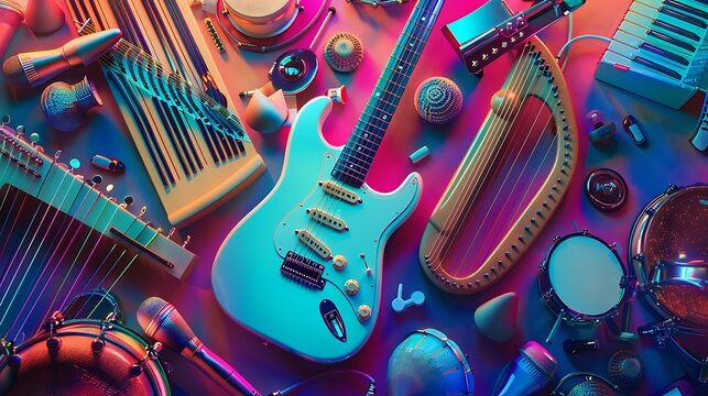 a colorful background of musical instruments like electric guitar, harp, and tambourine
