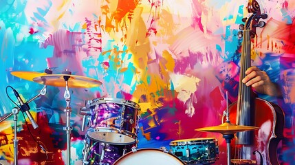 a colorful background featuring musical instruments like clarinet, drum set, and violin