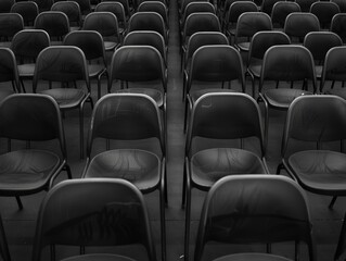 Obraz premium Empty black chairs are arranged in rows, creating a geometric pattern across the floor
