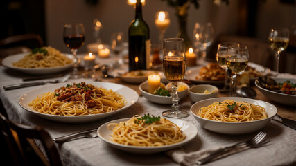 Pasta Dinner Party Film a cinematic shot of a beautifully set dinner table with candles and wine glasses, featuring a platter of assorted pasta dishes like spaghetti Bolognese, carbonara