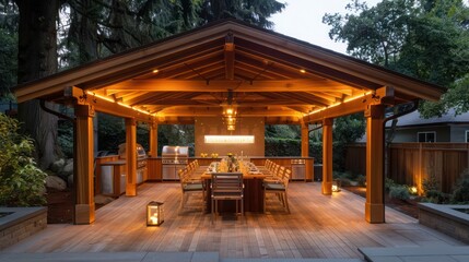 Fototapeta premium wooden Craftsman-style outdoor dining pavilion, featuring a built-in buffet and adjustable lighting, perfect for hosting dinner parties in a garden setting