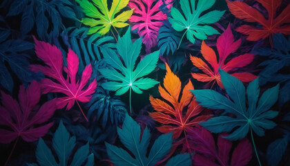 Fototapeta premium palm leaves and jungle vegetation illuminated in gradient color, background for text