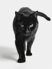 Obraz premium A black cat walks towards the camera in a studio setting, with a white background