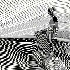 A woman with a striped dress sits on a platform made of black and white lines, looking down