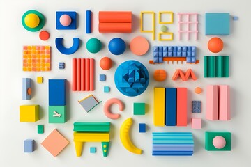 Colorful geometric shapes arranged on white background.