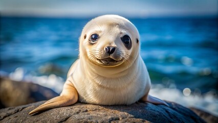 Adorable cream-colored seal pup with fluffy fur and irresistibly charming smile posing on smooth gray rock against blue sea.