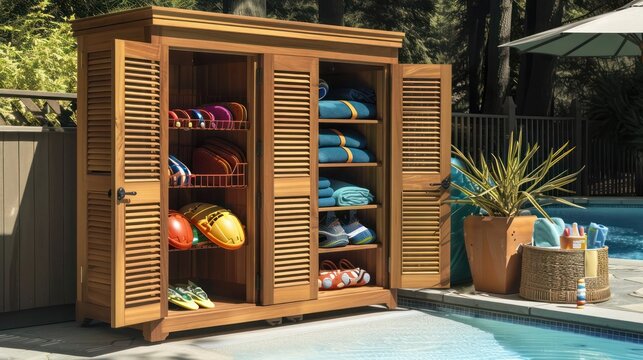 wooden Craftsman-style outdoor storage cupboard, designed for pool supplies, featuring ventilated doors and shelves for organizing swimming gear and pool toys