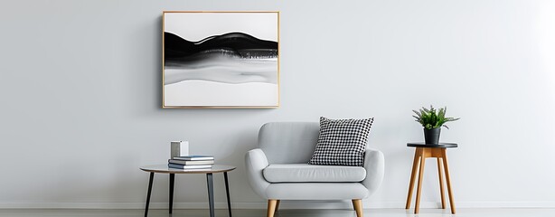 Create a minimalist interior scene highlighting ink paintings, books, and understated decor copy space for text, focus cover all adject, deep dept of field, nodust