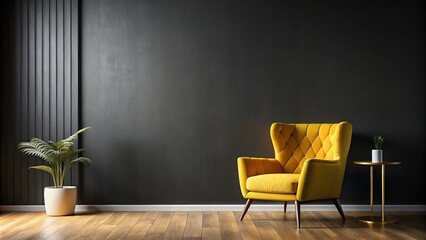 Dark-toned wall mockup featuring a vibrant yellow armchair against a sleek black background, perfect for modern home decor and furniture advertising designs.