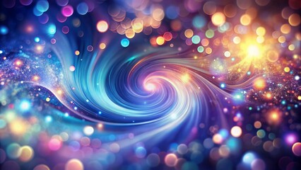 Fototapeta premium Vibrant, swirling, kaleidoscopic abstract backdrop featuring blurred bokeh lights in shimmering colors against a soft, gradient background of deep blues and purples.