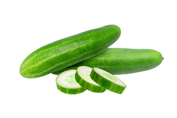 two whole fresh cucumbers and slices on transparent background png