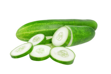 whole and cut slice long cucumbers on transparent background png
