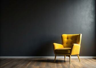 Dark-toned wall mockup featuring a bright yellow armchair isolated on a black background, creating a striking contrast that draws attention to the furniture.