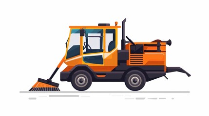 Orange street sweeper cleaning the urban roadside landscape with broom illustration