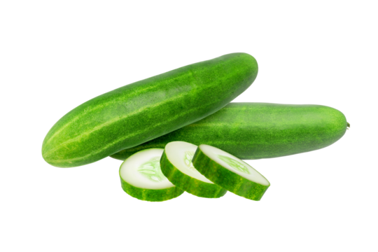 two whole fresh cucumbers and slices on transparent background png