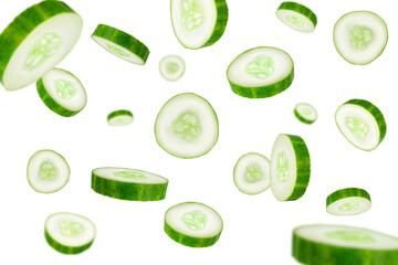 Falling cucumber slices on transparent background png