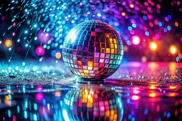 Vibrant colorful lights reflect off wet floor, creating abstract disco ball effect, surrounded by splashing water droplets, conveying dynamic energy and movement.