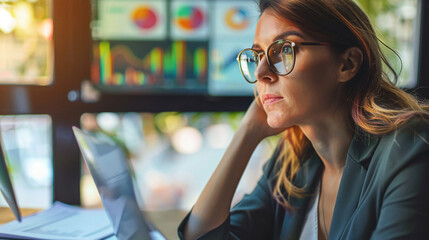 A businesswoman analyzing market trends and making strategic decisions. businesswoman analyzing