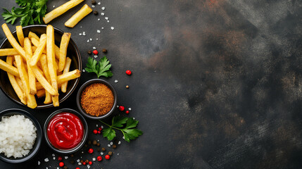 French fries with a variety of seasoning options, National French Fry Day with copy space