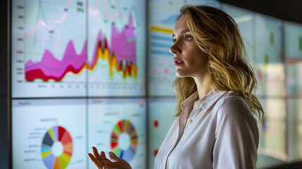 A businesswoman presenting financial projections on a screen. businesswoman presenting