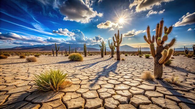 Dry cracked earth and withered cacti stretch towards a vast expanse of blue sky in a desolate yet serene southeastern California desert landscape.