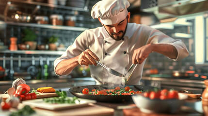 A chef preparing a gourmet meal. chef cooking kitchen gourmet meal food culinary restaurant preparation delicious.