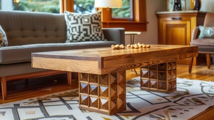 artisanal wooden coffee table with geometric patterns, placed in a Craftsman living room