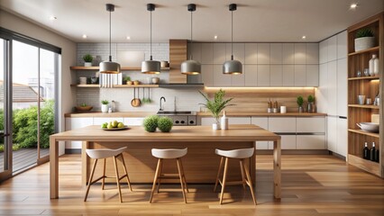 Fototapeta premium Modern kitchen setup with wooden island, minimalist dining table, and clean countertop against blurred background, perfect for product display.