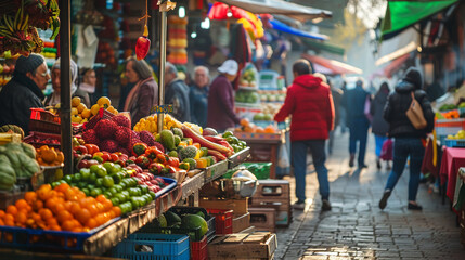 A vibrant street market. street market vibrant shopping food stalls people local culture busy outdoor.