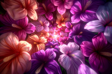 A close up of a bunch of flowers with a bright pink and purple hue. The flowers are arranged in a spiral pattern, creating a sense of movement and depth. Scene is one of beauty and vibrancy