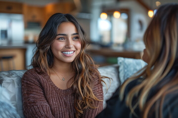 Young Woman Engaging in Friendly Conversation at Cozy Home Setting