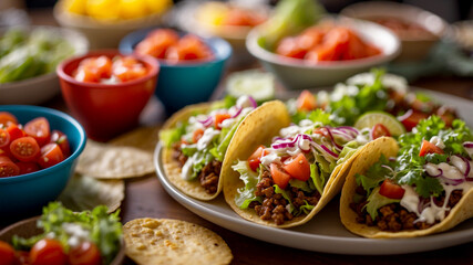 Taco Bar at a Party Capture a vibrant scene of a taco bar at a party, with colorful toppings like lettuce, tomatoes