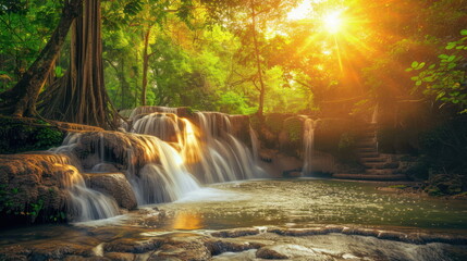 Fototapeta premium beautiful waterfall with green tree, nature landscape