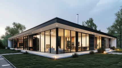 Fototapeta premium ultra-modern ranch home with floor-to-ceiling windows and a sleek black and white exterior
