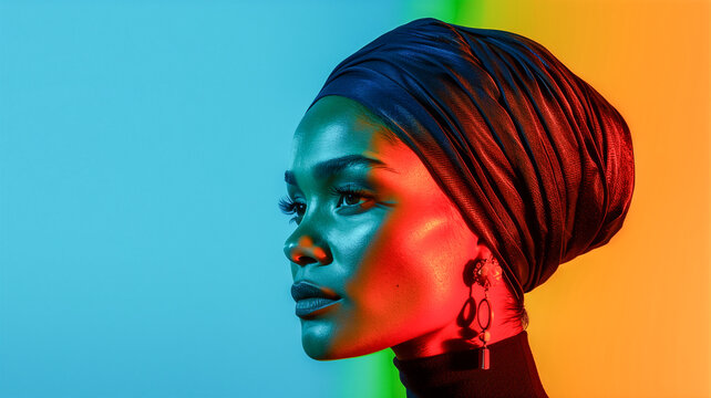 A compelling and artistic portrait of a Muslim transgender person, emphasizing their inner strength and authenticity, with a harmonious balance of cultural heritage and personal expression.