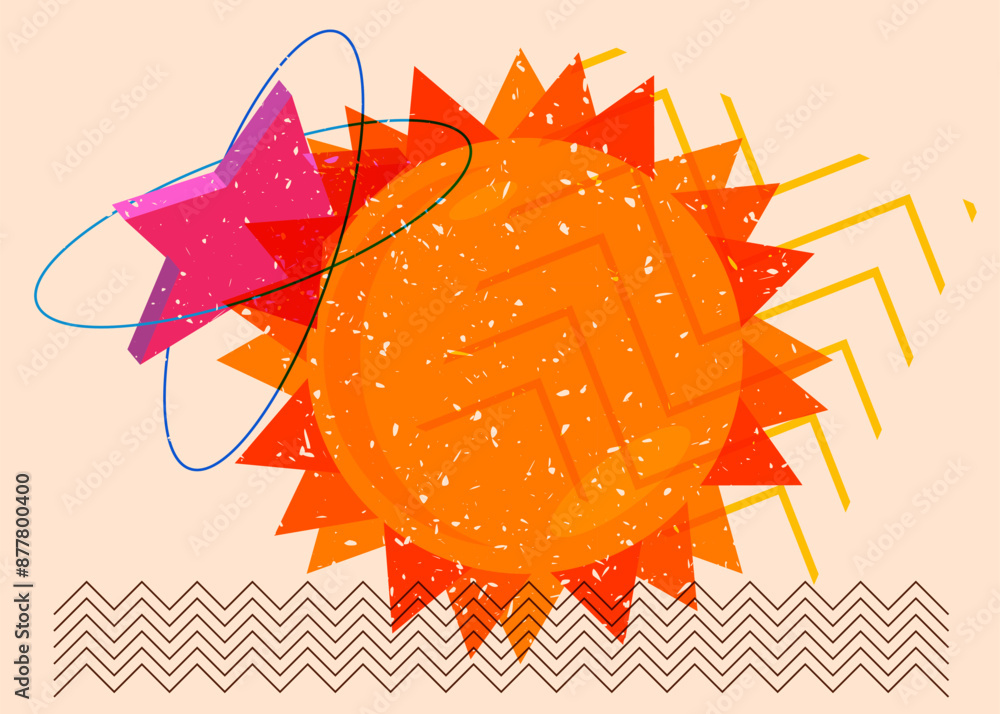Poster risograph summer sun with geometric shapes. objects in trendy riso graph print texture style design 