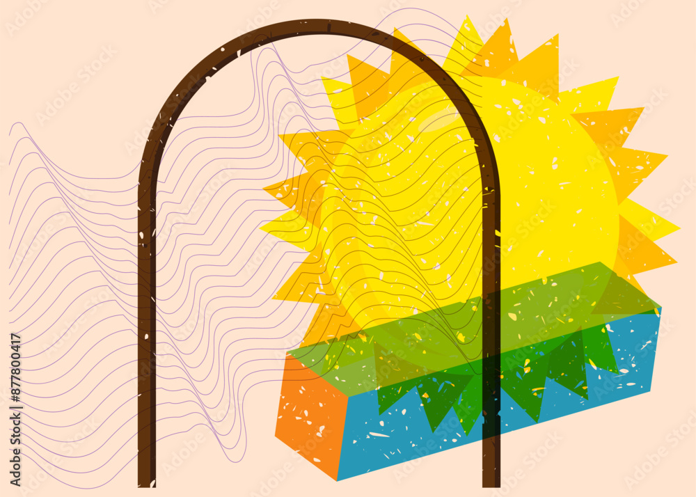 Poster risograph summer sun with geometric shapes. objects in trendy riso graph print texture style design 
