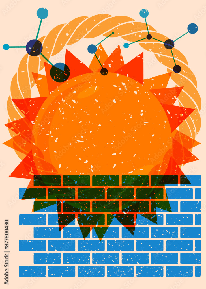 Poster risograph summer sun with geometric shapes. objects in trendy riso graph print texture style design 