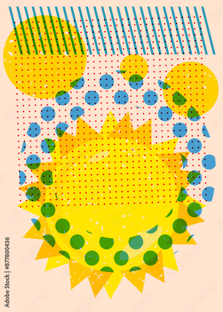 Poster risograph summer sun with geometric shapes. objects in trendy riso graph print texture style design 