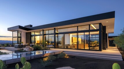 ultra-modern ranch home with floor-to-ceiling windows and a sleek black and white exterior