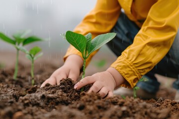Young child planting a small green plant in soil on a rainy day, wearing a yellow jacket. Close-up of hands nurturing a new beginning.