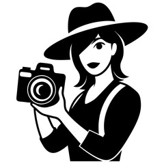 A woman holding on dslr camera hat silhouette vector illustration. On World Photography Day.