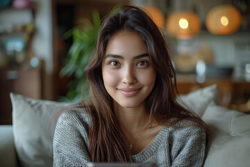 Young Woman Enjoying a Peaceful Moment at Home with a Gentle Smile