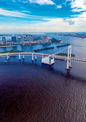 Aerial view of the Rainbow Bridge in Odaiba, Tokyo, Japan