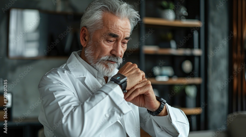 Poster 3d character older man using a wearable device to monitor fitness goals stock photo with copy space