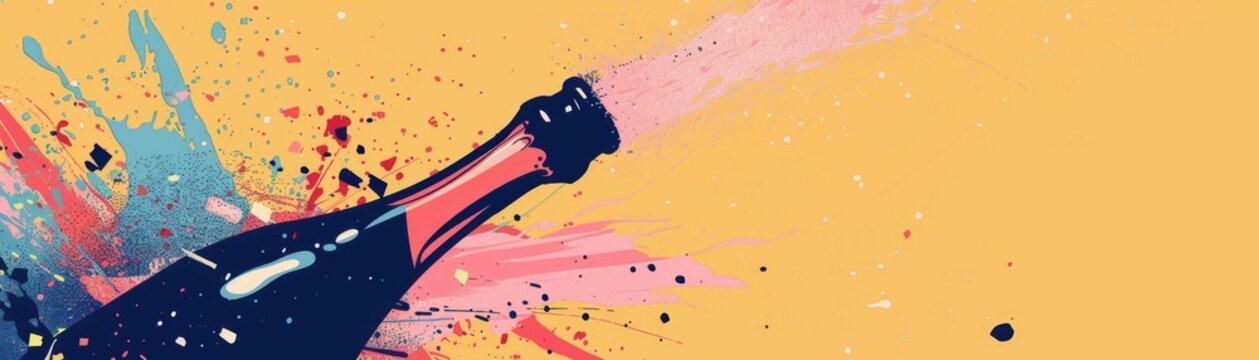 Colorful illustration of a champagne bottle popping with vibrant splashes, symbolizing celebration and festivity.
