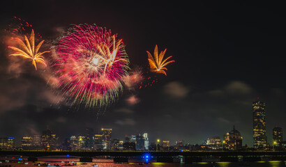 July 4th fireworks over Charles River and Boston skyline