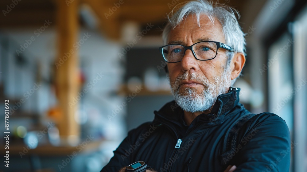 Aufkleber older man using a wearable device to monitor health stock photo with copy space
