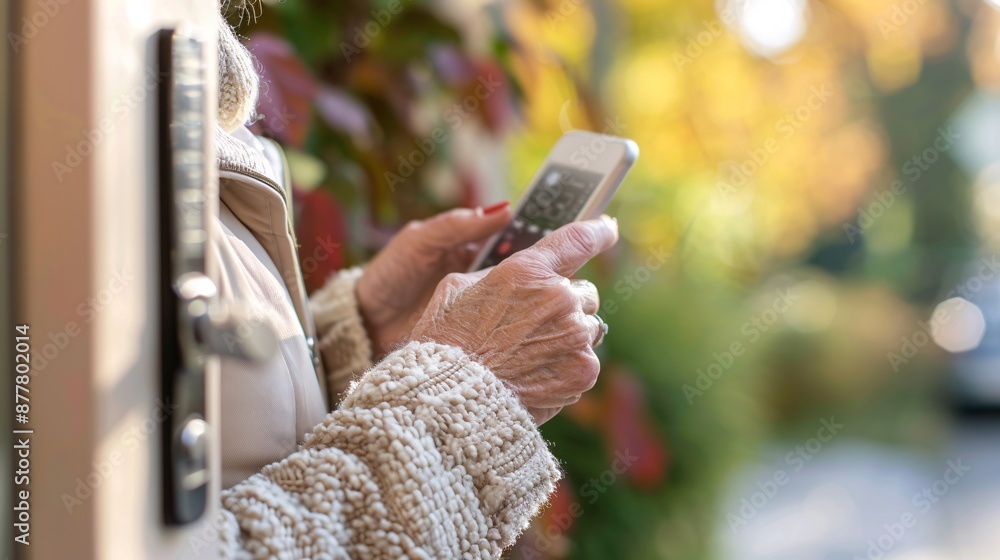 Poster Elderly person using a smartphone to control a smart thermostat Stock Photo with copy space